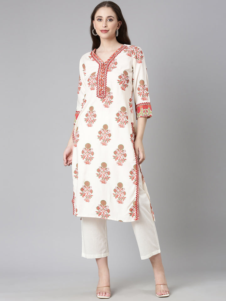 Neerus Cream Casual Floral Straight Kurtas