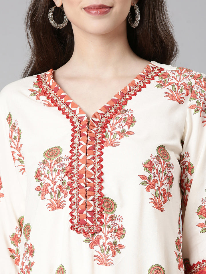 Neerus Cream Casual Floral Straight Kurtas