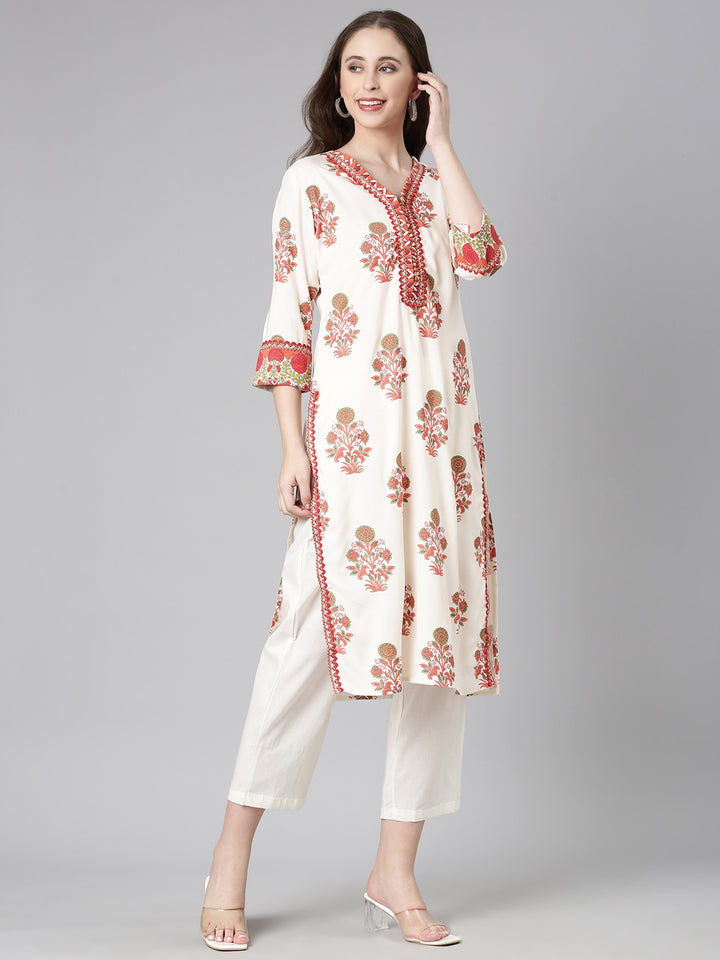 Neerus Cream Casual Floral Straight Kurtas