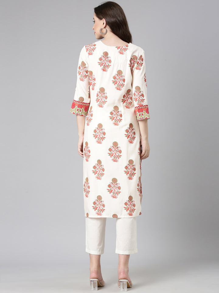 Neerus Cream Casual Floral Straight Kurtas