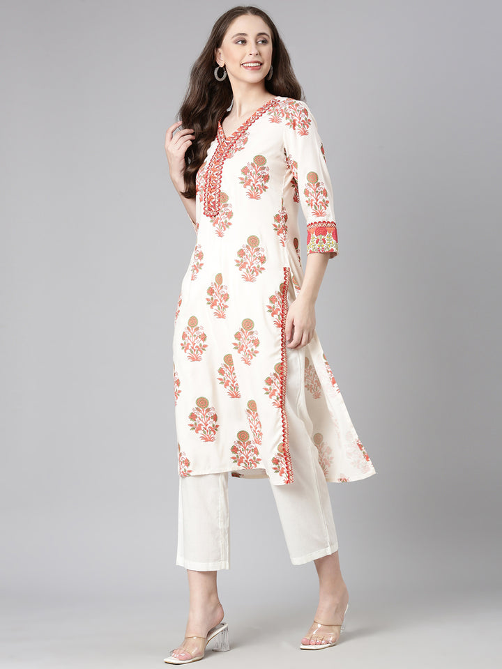 Neerus Cream Casual Floral Straight Kurtas