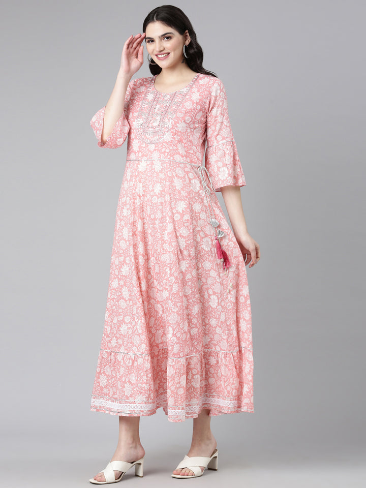 Neerus Pink Straight Casual Printed Dress