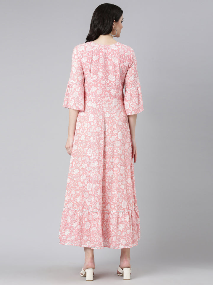 Neerus Pink Straight Casual Printed Dress