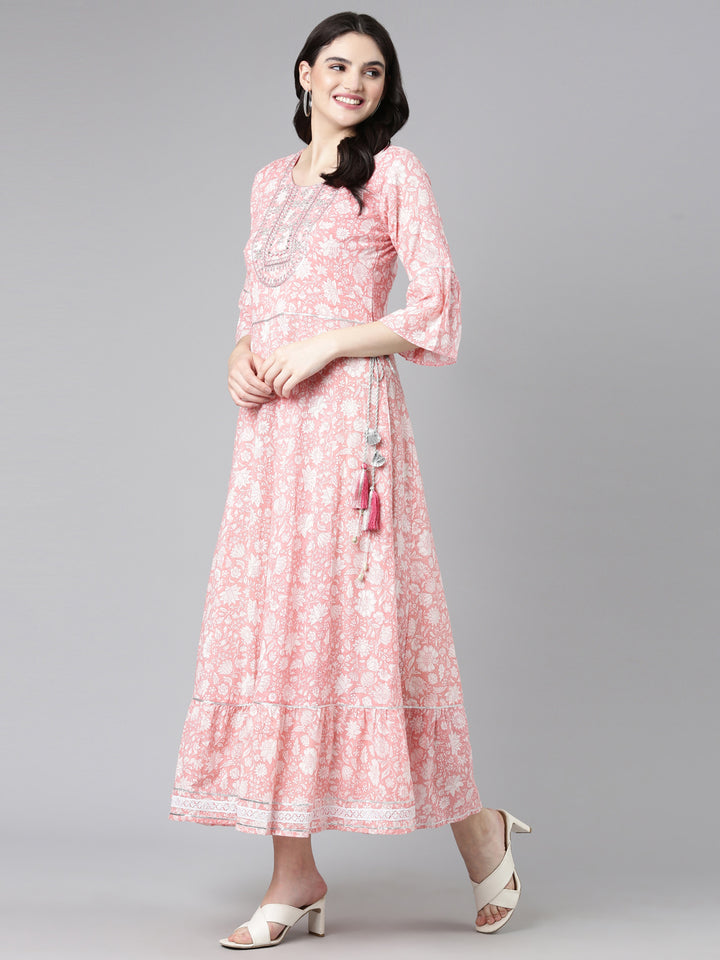 Neerus Pink Straight Casual Printed Dress