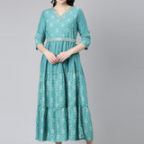 Neerus Sea Green Straight Casual Printed Dress