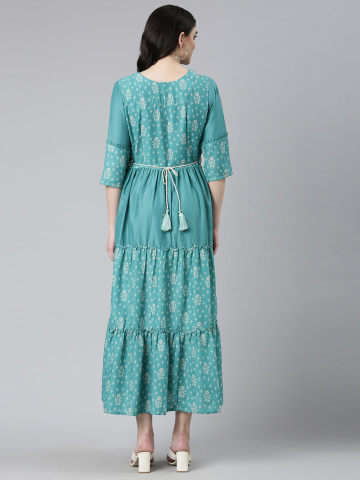 Neerus Sea Green Straight Casual Printed Dress