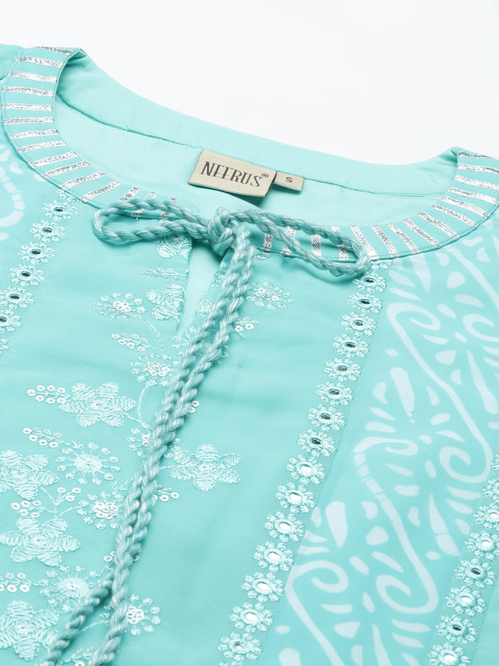 Neerus Green georgette embroidered kurta - detail view 1