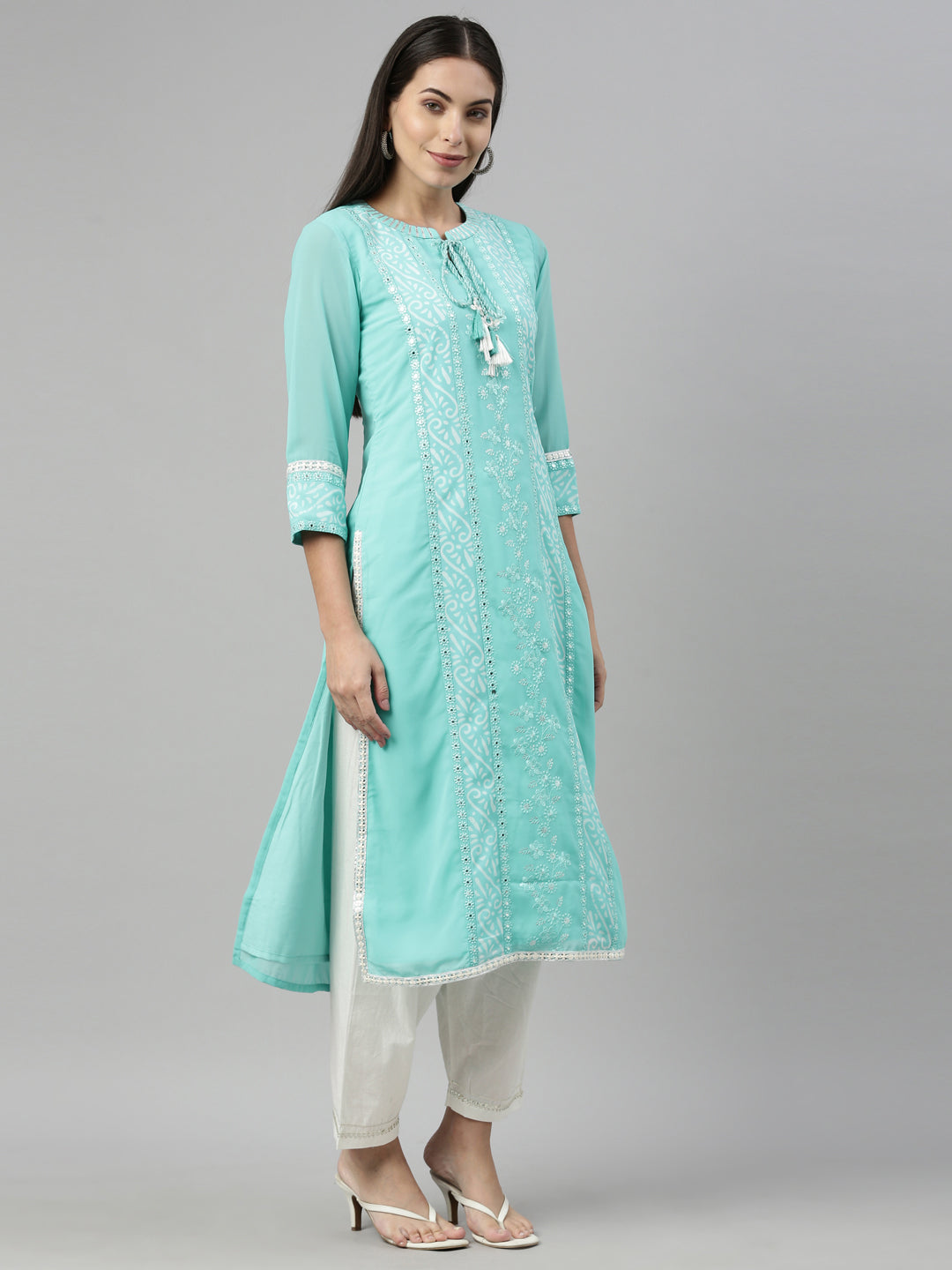 Neerus Green georgette embroidered kurta - back view