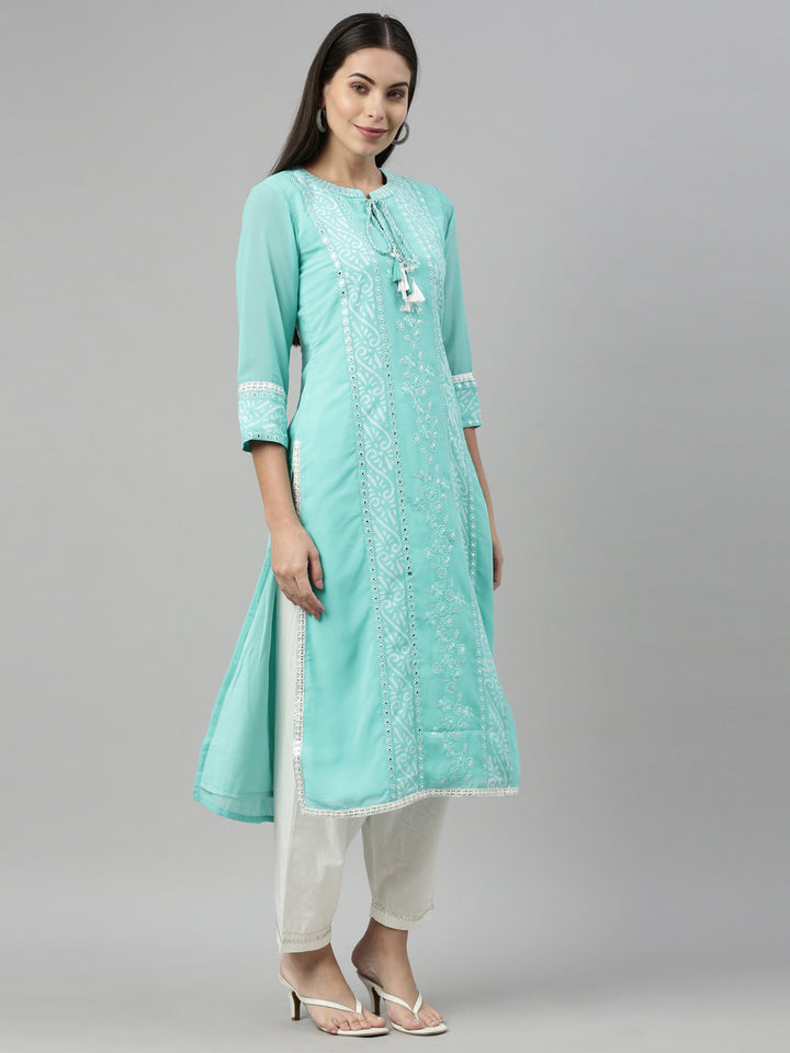 Neerus Green georgette embroidered kurta - back view