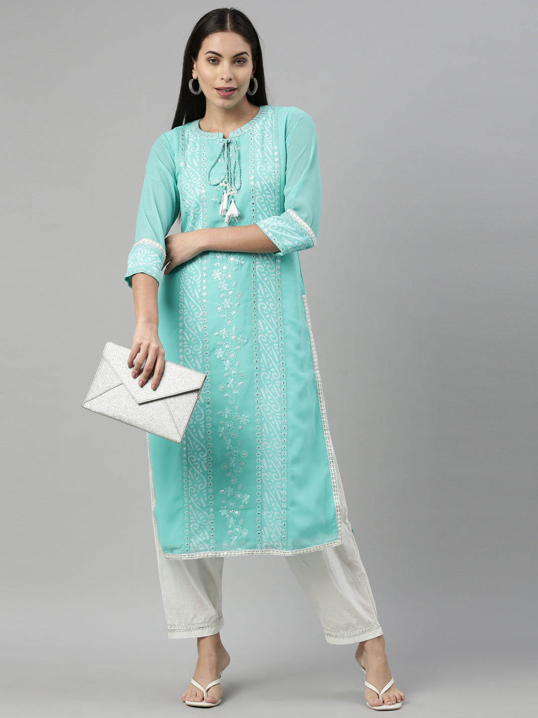 Neerus Green georgette embroidered kurta - detail view 2