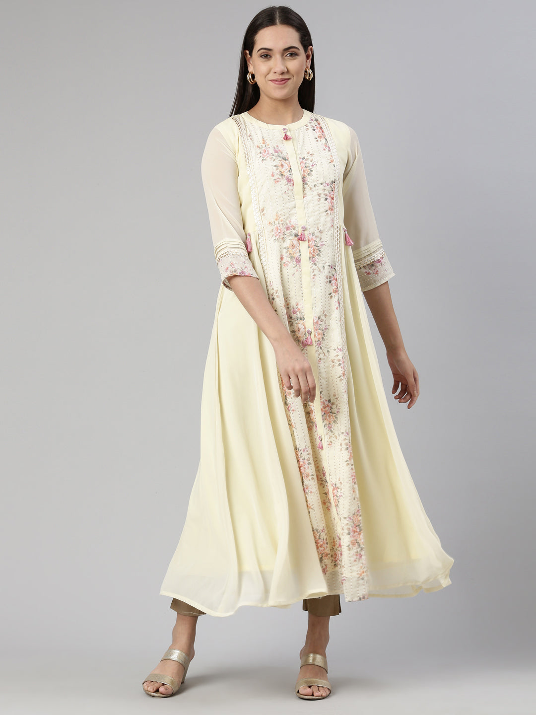 Neerus Cream-Coloured Floral Georgette Ethnic Maxi Maxi Dress