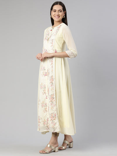 Neerus Cream-Coloured Floral Georgette Ethnic Maxi Maxi Dress