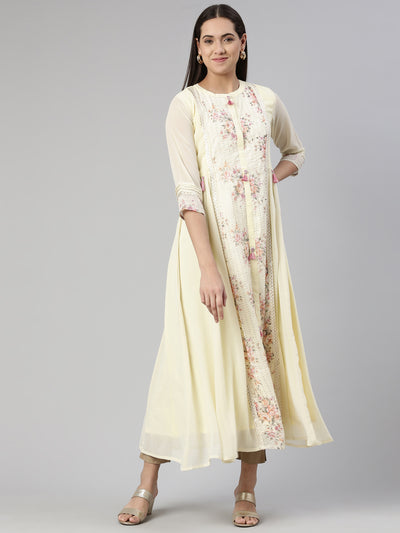 Neerus Cream-Coloured Floral Georgette Ethnic Maxi Maxi Dress