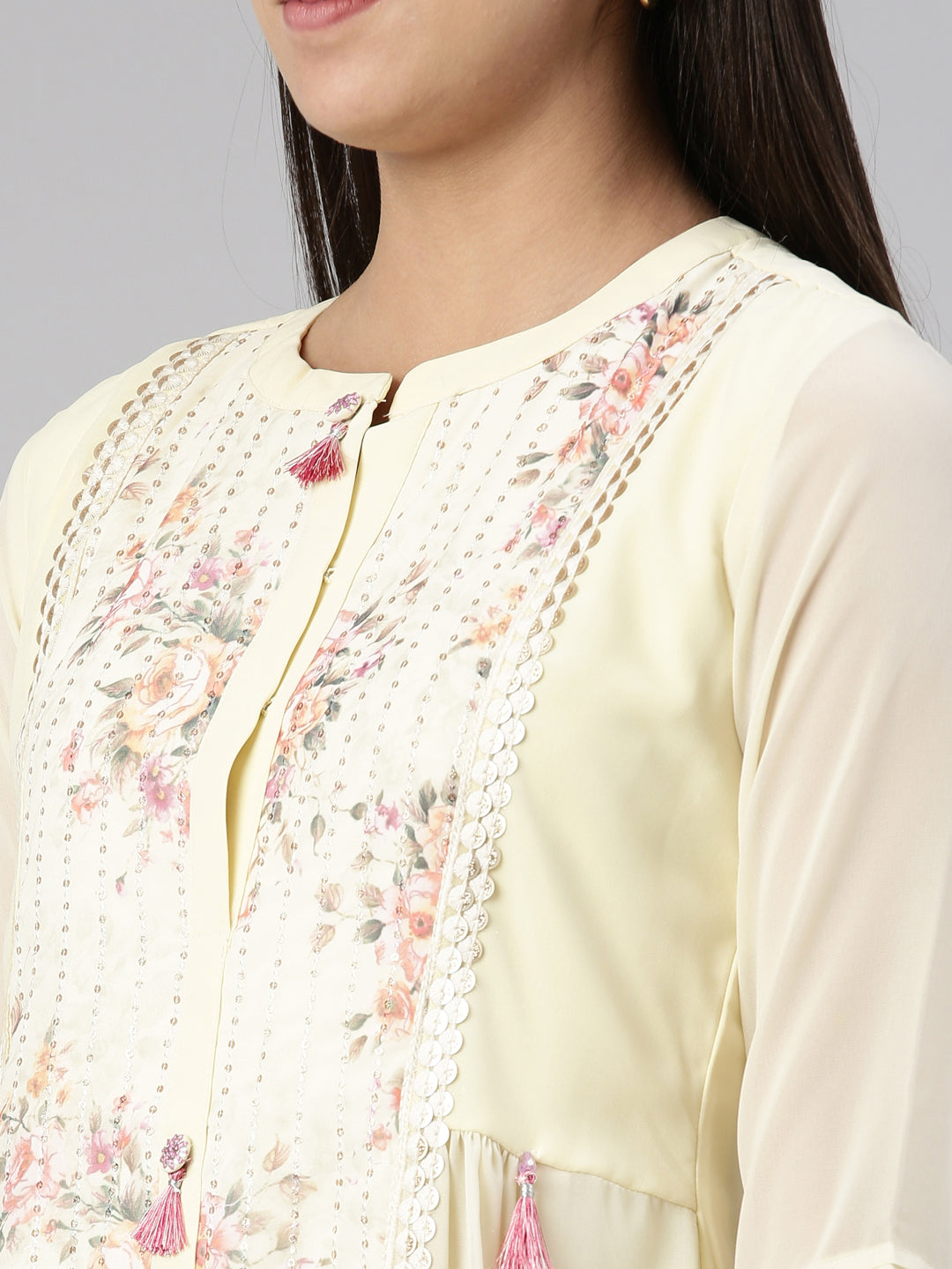 Neerus Cream-Coloured Floral Georgette Ethnic Maxi Maxi Dress