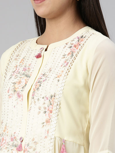 Neerus Cream-Coloured Floral Georgette Ethnic Maxi Maxi Dress
