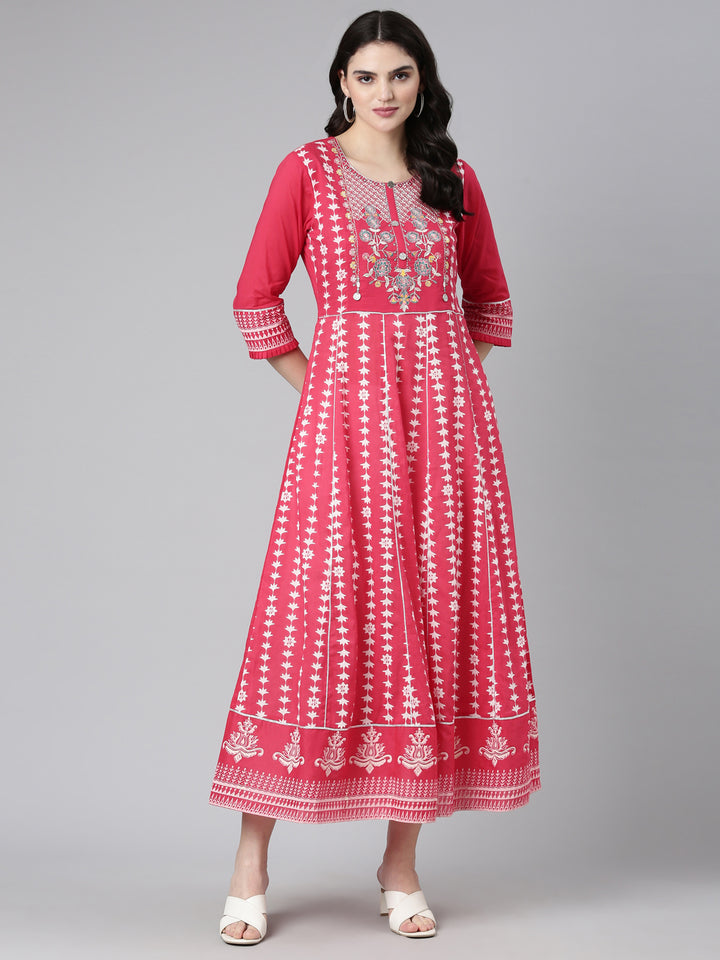 Neerus Pink Straight Casual Embroidered Dress