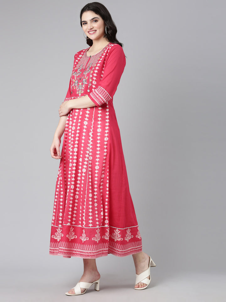 Neerus Pink Straight Casual Embroidered Dress