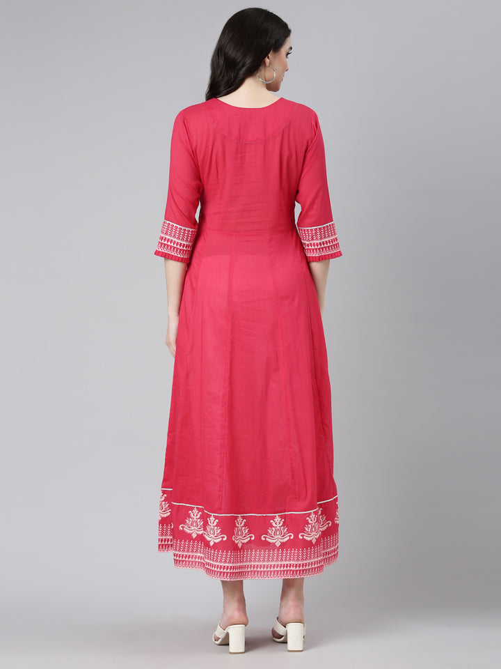 Neerus Pink Straight Casual Embroidered Dress