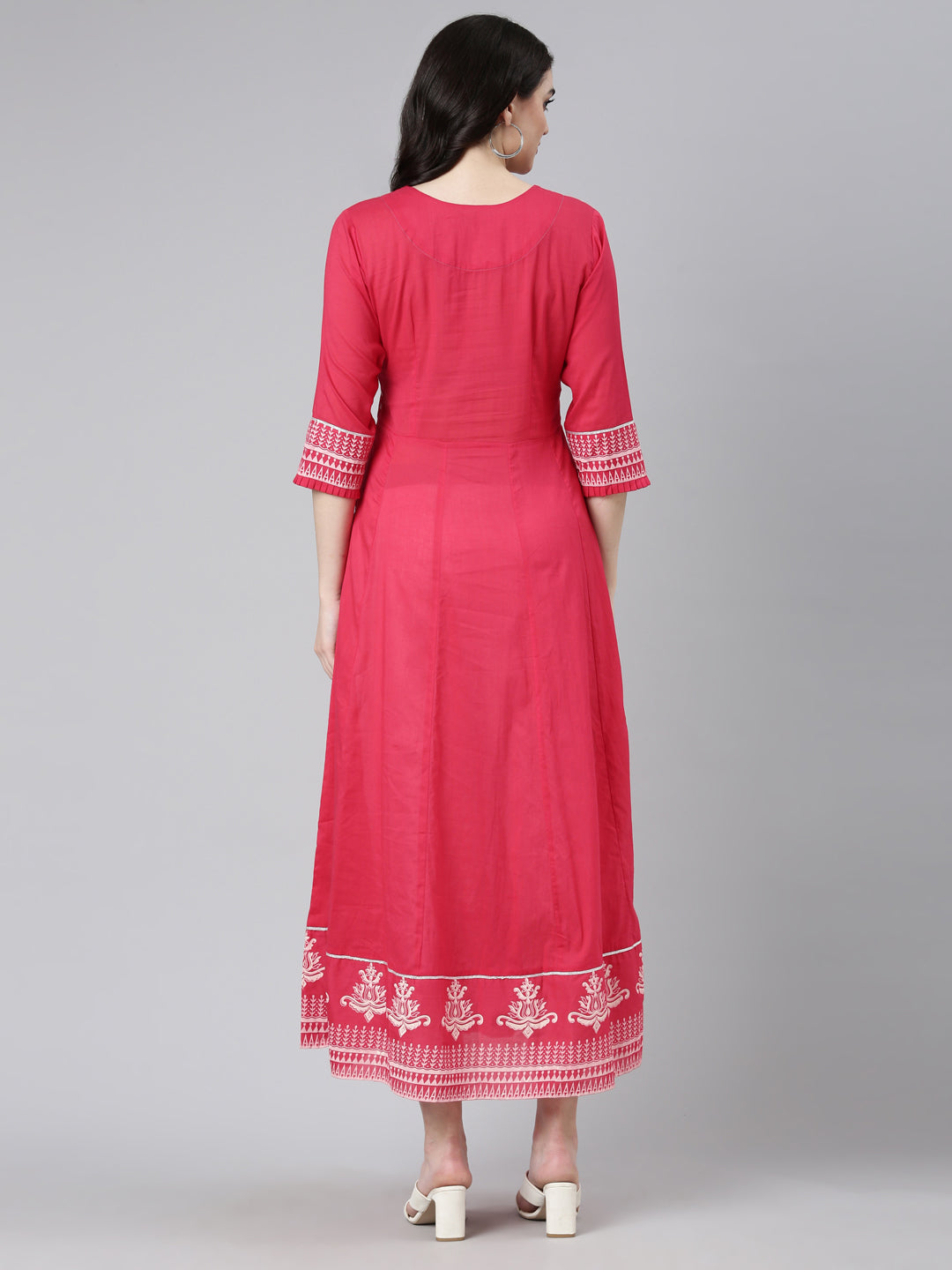 Neerus Pink Straight Casual Embroidered Gown