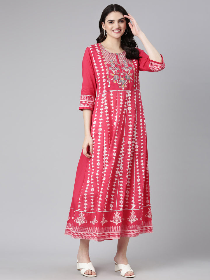Neerus Pink Straight Casual Embroidered Dress