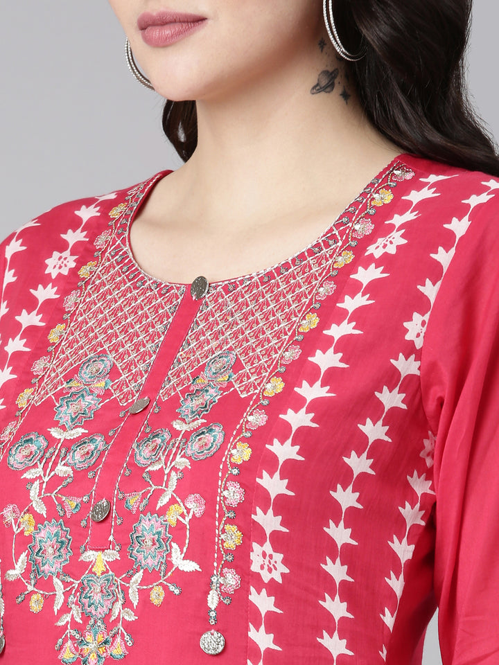Neerus Pink Straight Casual Embroidered Dress