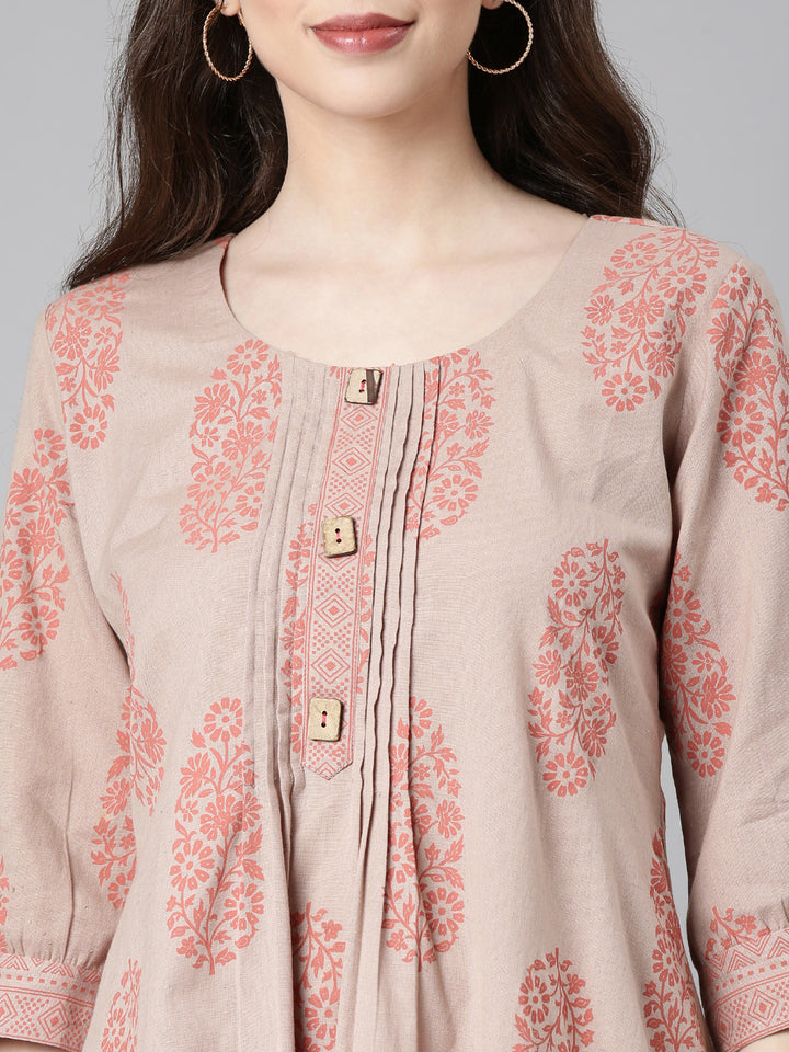 Neerus Beige Casual Floral A-Line Kurtas