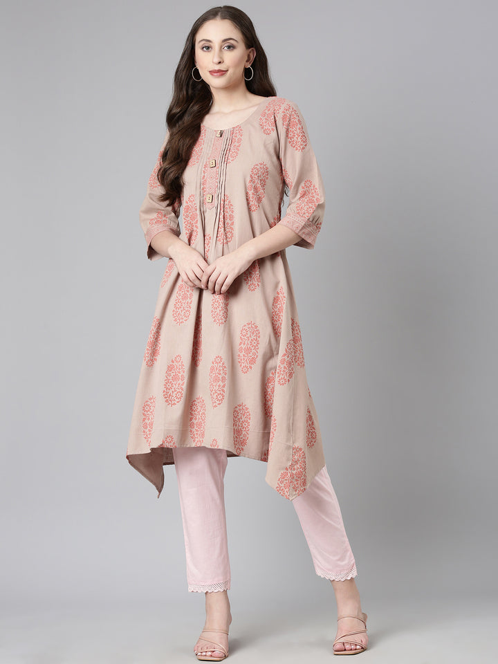 Neerus Beige Casual Floral A-Line Kurtas