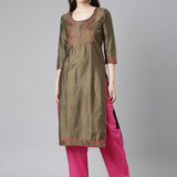 Neerus Olive Casual Solid Straight Kurtas