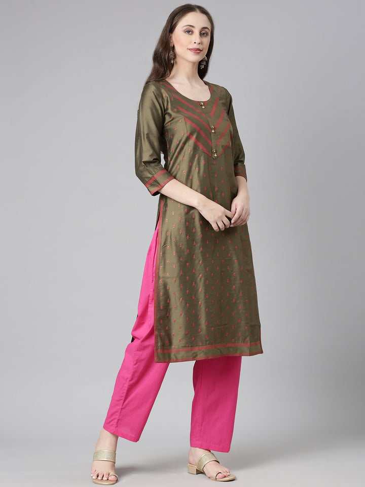 Neerus Olive Casual Solid Straight Kurtas