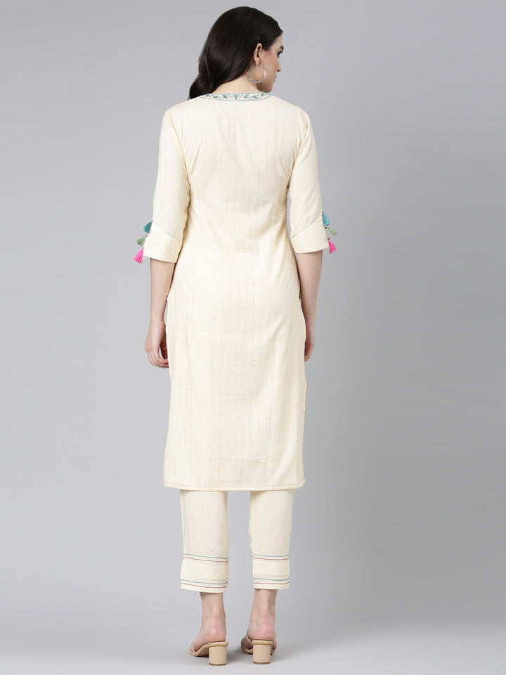 Neerus Cream Regular Straight Solid Kurta And Trousers