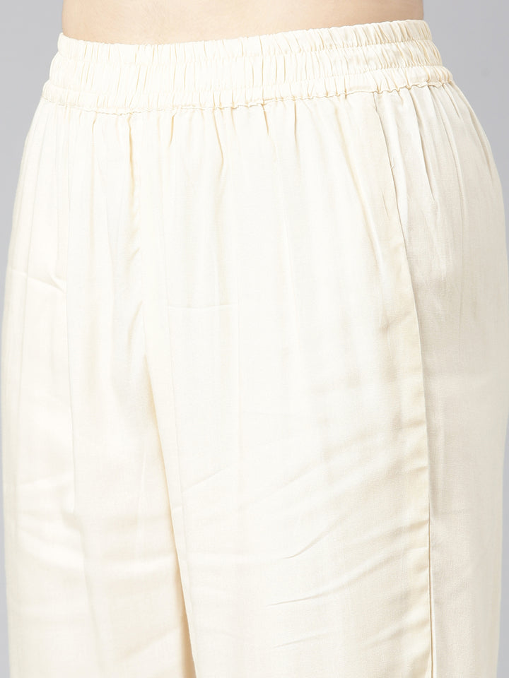 Neerus Cream Regular Straight Solid Kurta And Trousers