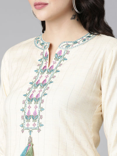 Neerus Cream Regular Straight Solid Kurta And Trousers