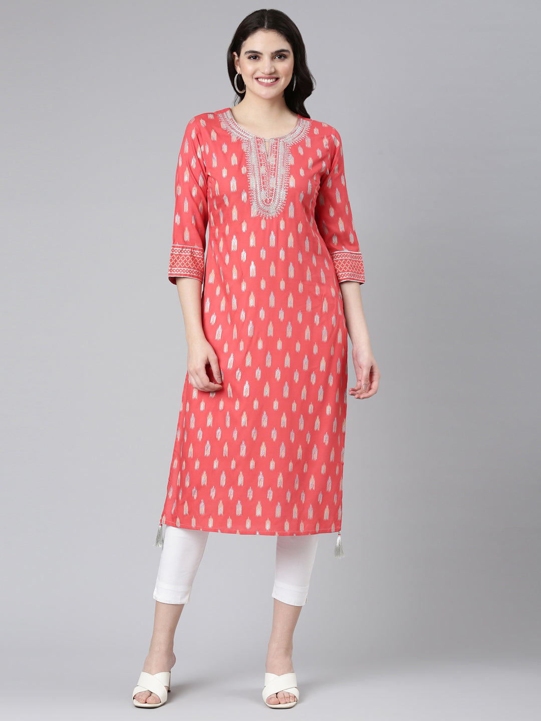 Neerus Red Regular Straight Printed Kurta