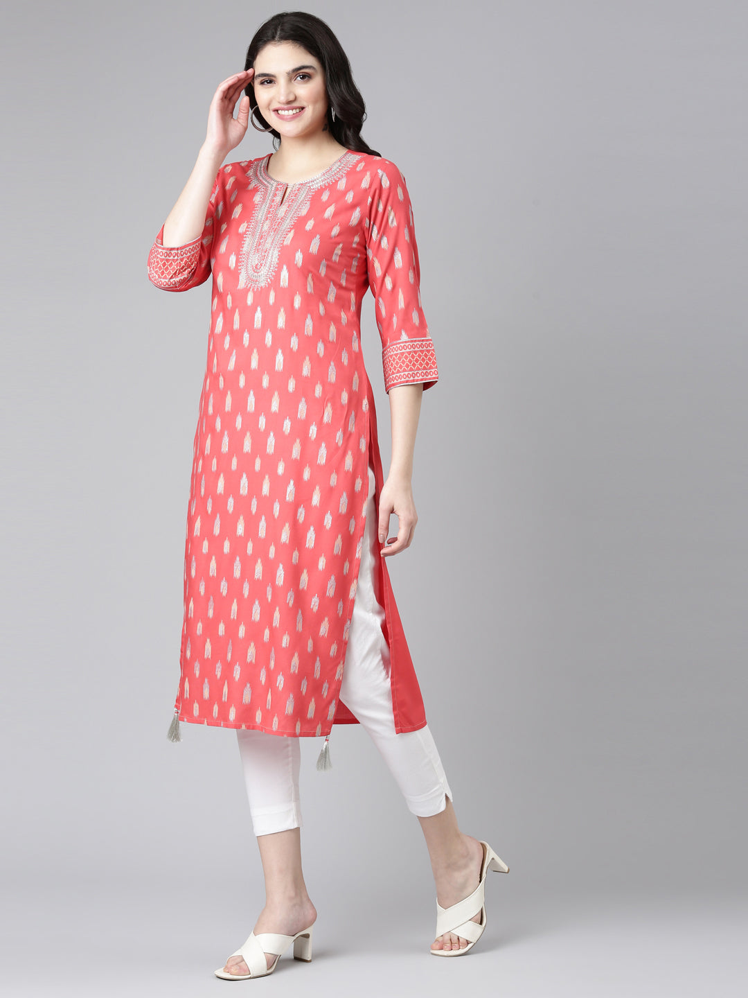 Neerus Red Regular Straight Printed Kurta