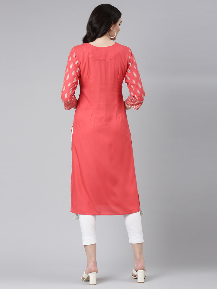 Neerus Red Regular Straight Printed Kurta