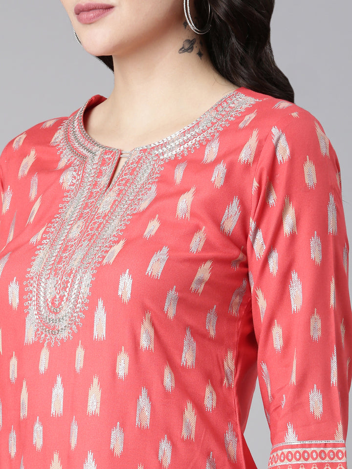 Neerus Red Regular Straight Printed Kurta