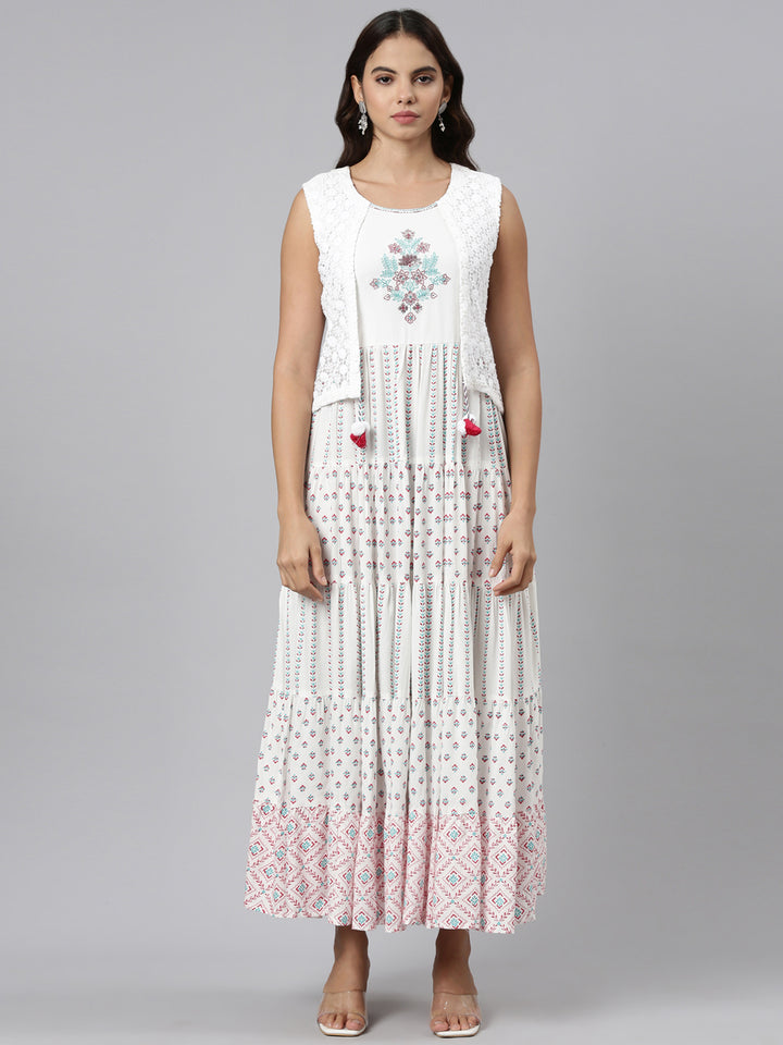 Neerus Off White Straight Casual Printed Maxi Dresses