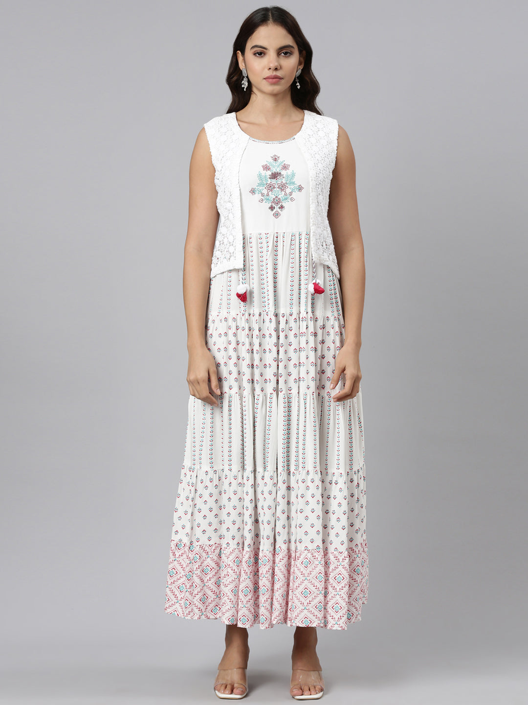 Neeru's Off White Straight Casual Printed Maxi Dresses