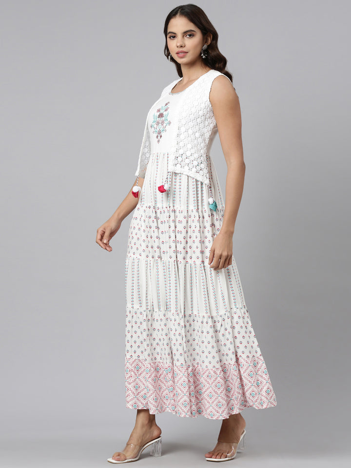 Neerus Off White Straight Casual Printed Maxi Dresses