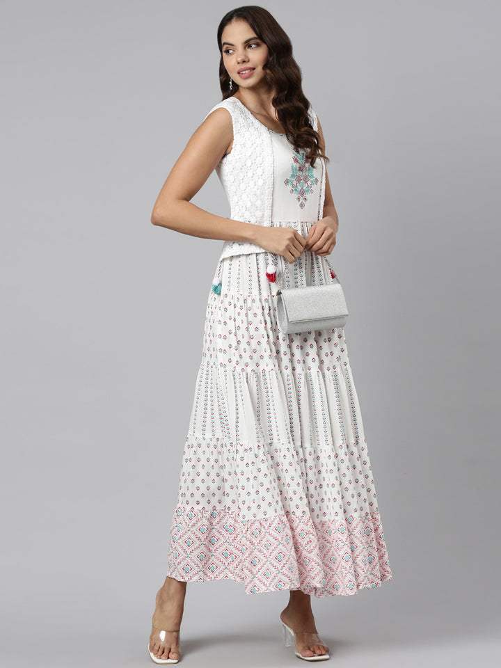 Neerus Off White Straight Casual Printed Maxi Dresses