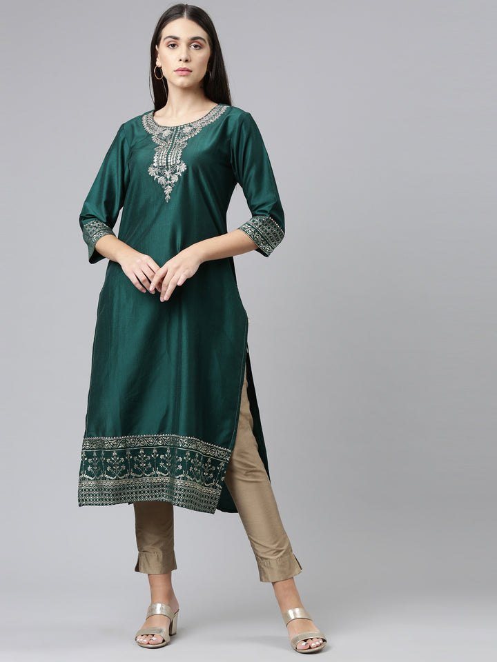 Neerus Green Color Calf Length Kurta