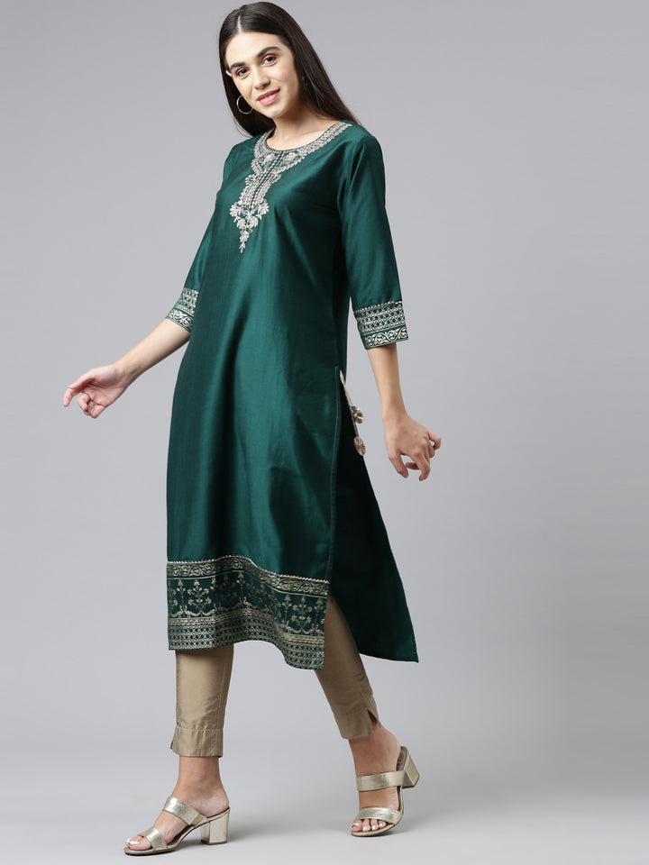 Neerus Green Color Calf Length Kurta