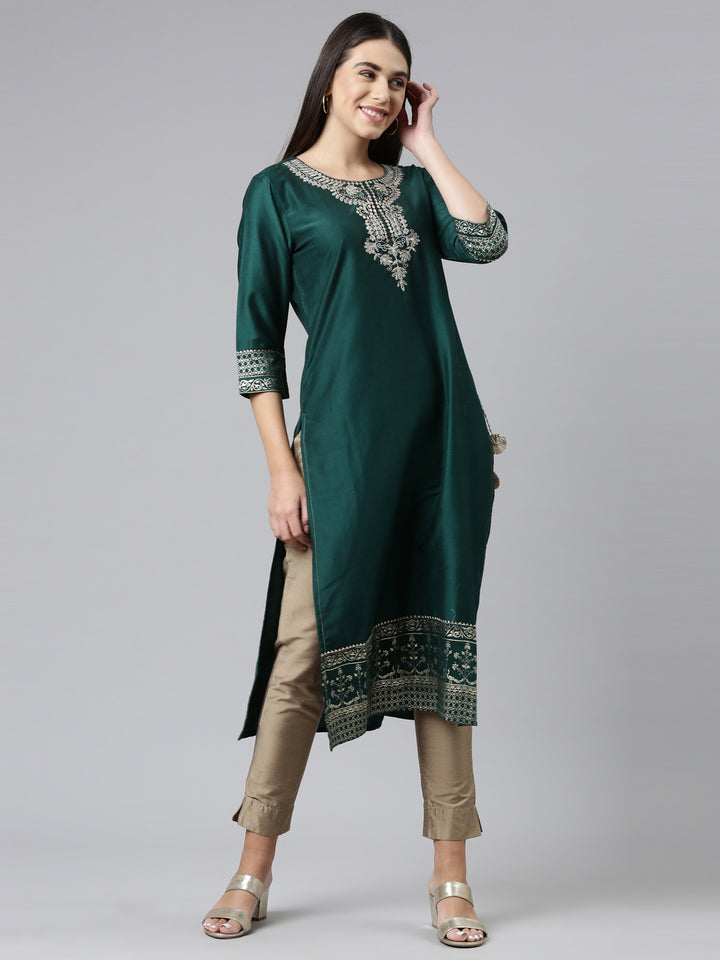 Neerus Green Color Calf Length Kurta