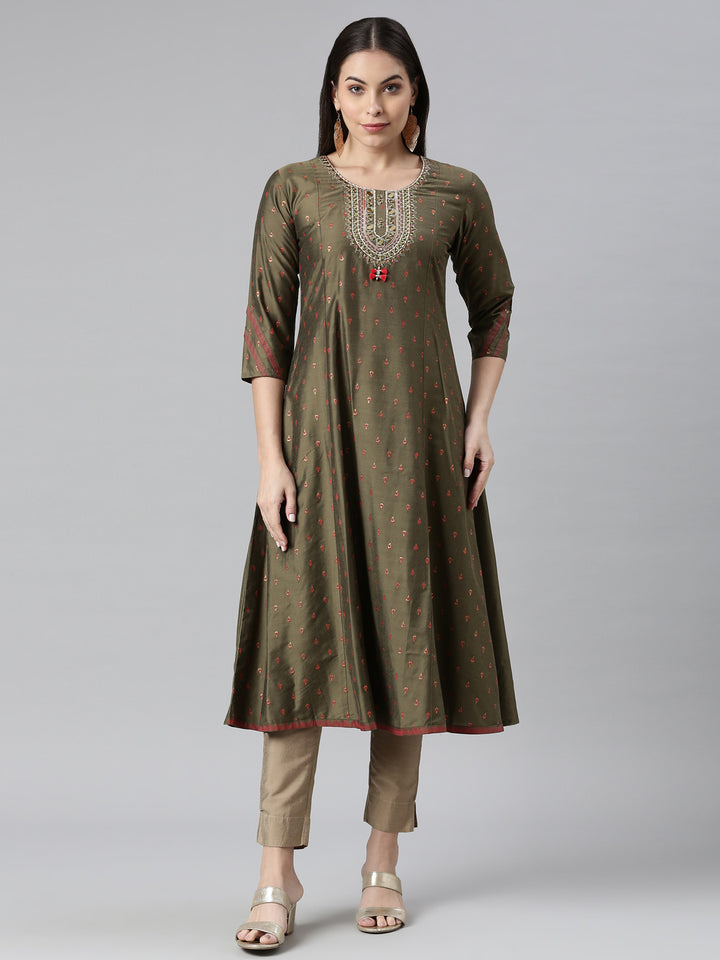 Neerus Olive Color Silk Fabric Kurta
