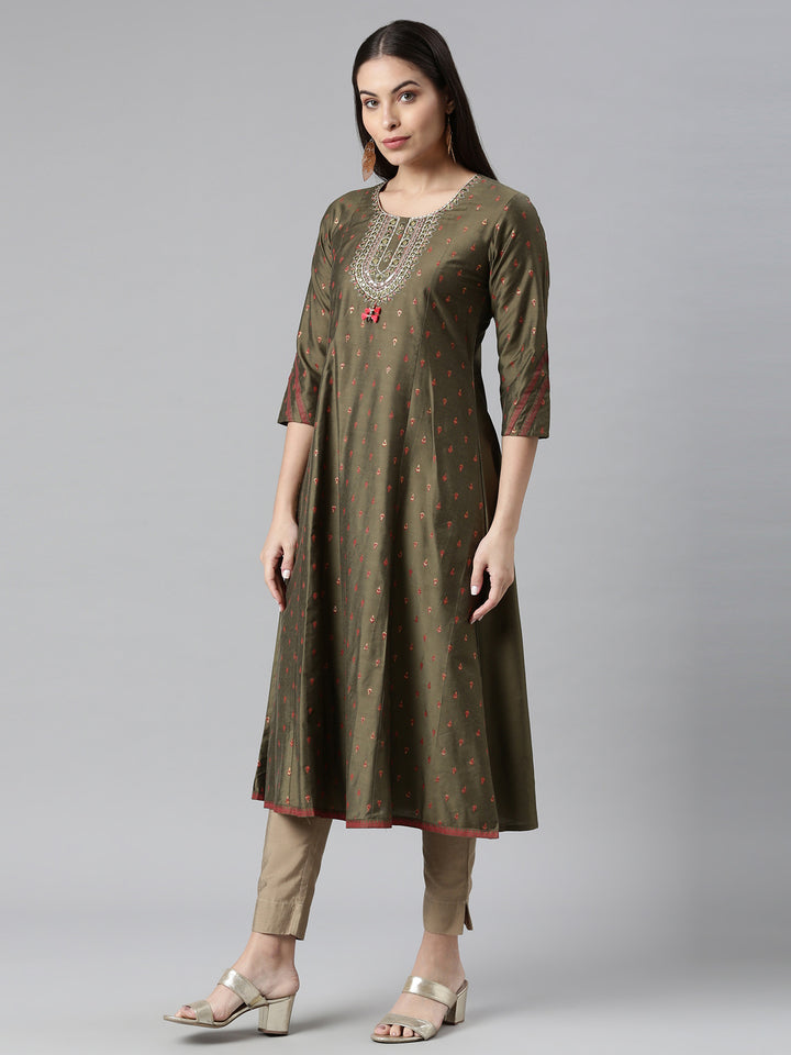 Neerus Olive Color Silk Fabric Kurta