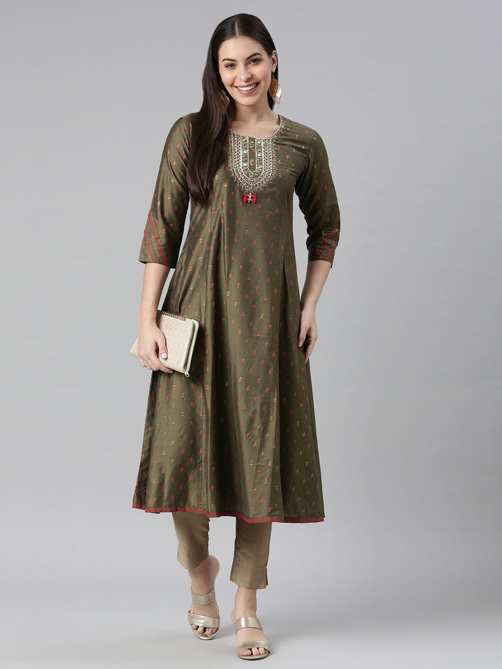 Neerus Olive Color Silk Fabric Kurta
