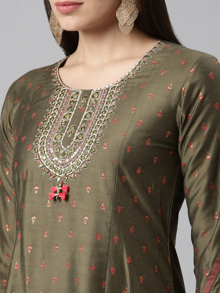 Neerus Olive Color Silk Fabric Kurta