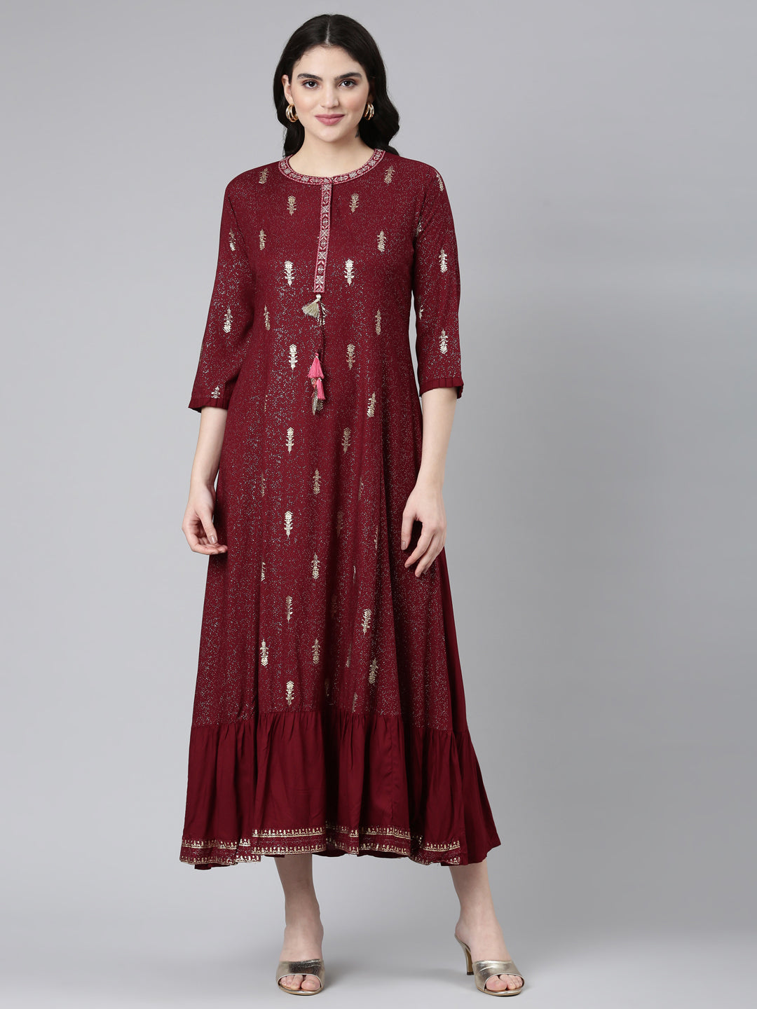 Neerus Maroon Regular Anarkali Printed Kurta