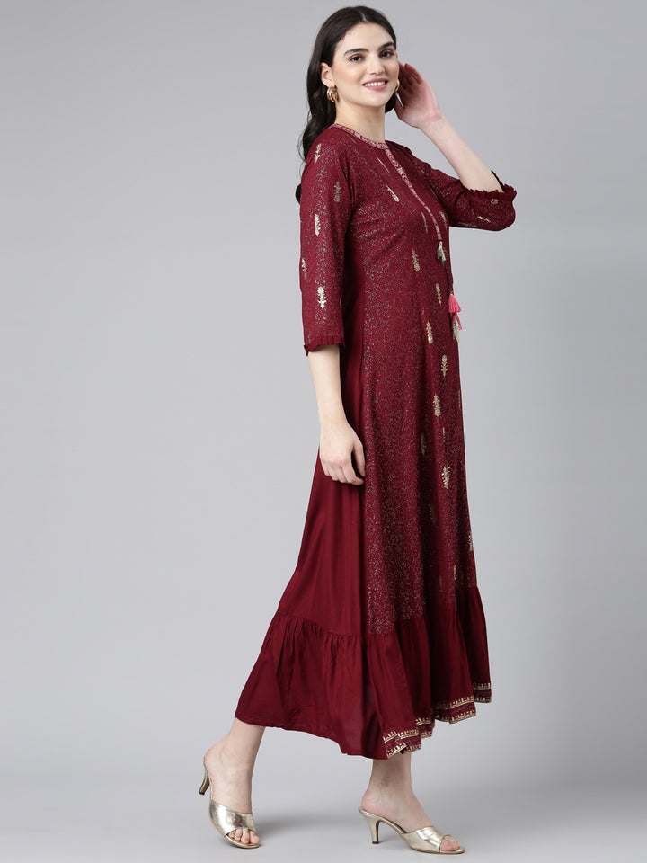 Neerus Maroon printed anarkali kurta - back view
