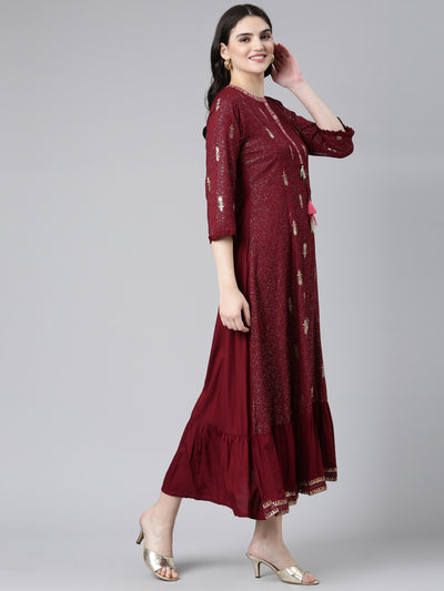 Neerus Maroon Regular Anarkali Printed Kurta